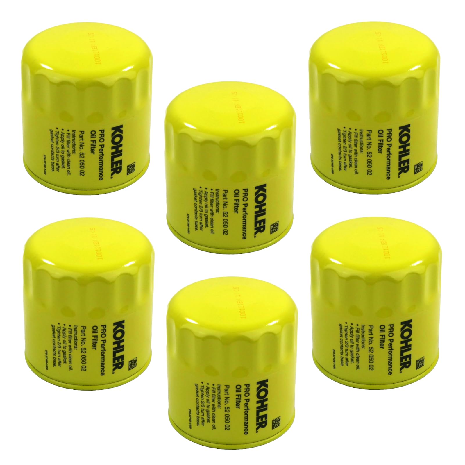 Kohler 52-050-02-S engine oil filter six-pack for compatible Kohler engines, ready for maintenance.