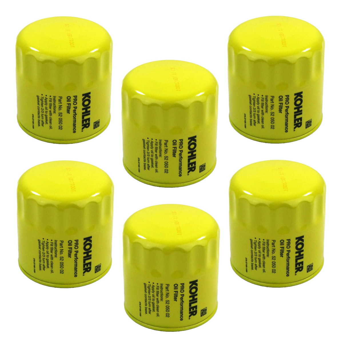 Kohler 52-050-02-S engine oil filter six-pack for compatible Kohler engines, ready for maintenance.