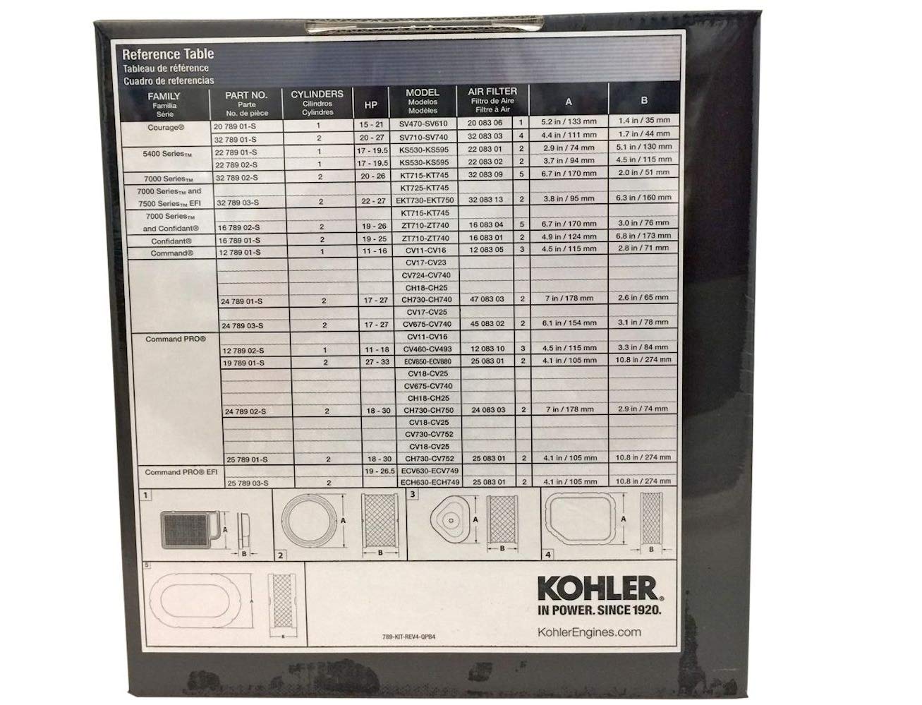 Kohler maintenance kit contents—filters, oil, and spark plugs for KS engines.