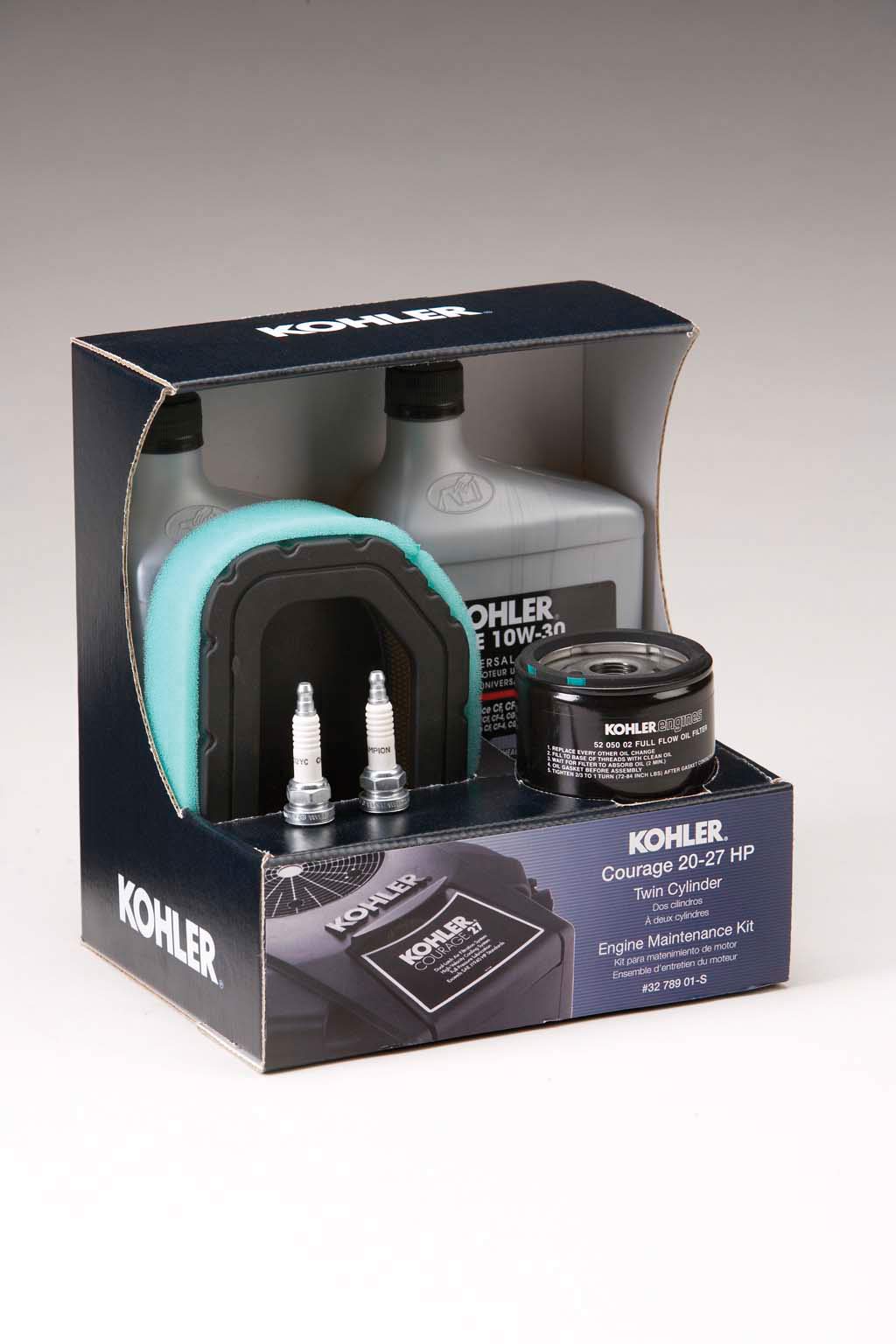 Kohler foam pre-cleaner image shows debris-prepping step for better filtration.