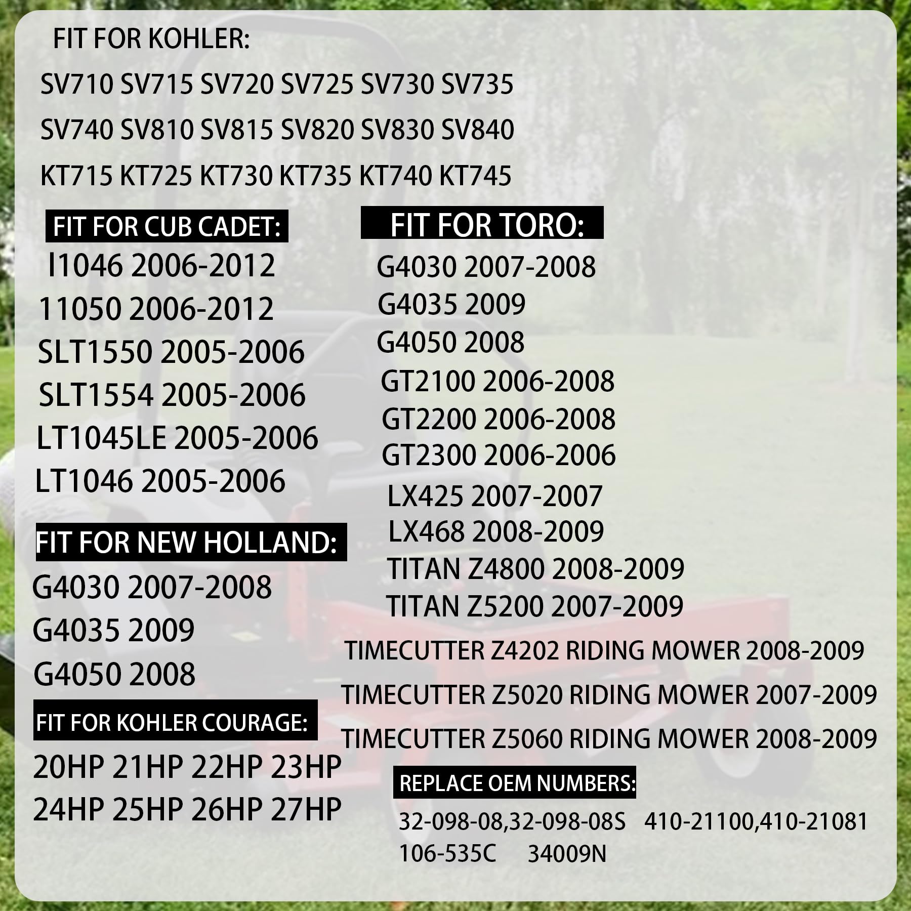 Kohler starter compatibility covers KT and SV series models.