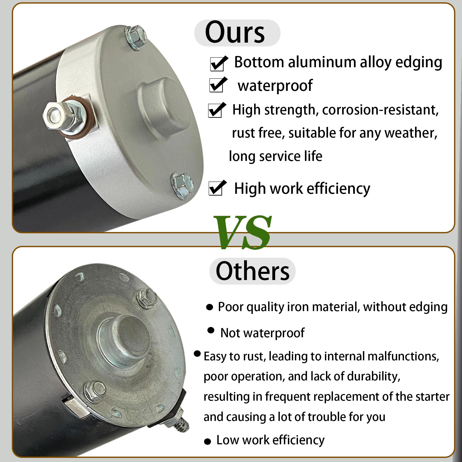 Kohler starter with waterproof aluminum edge resists moisture and debris.