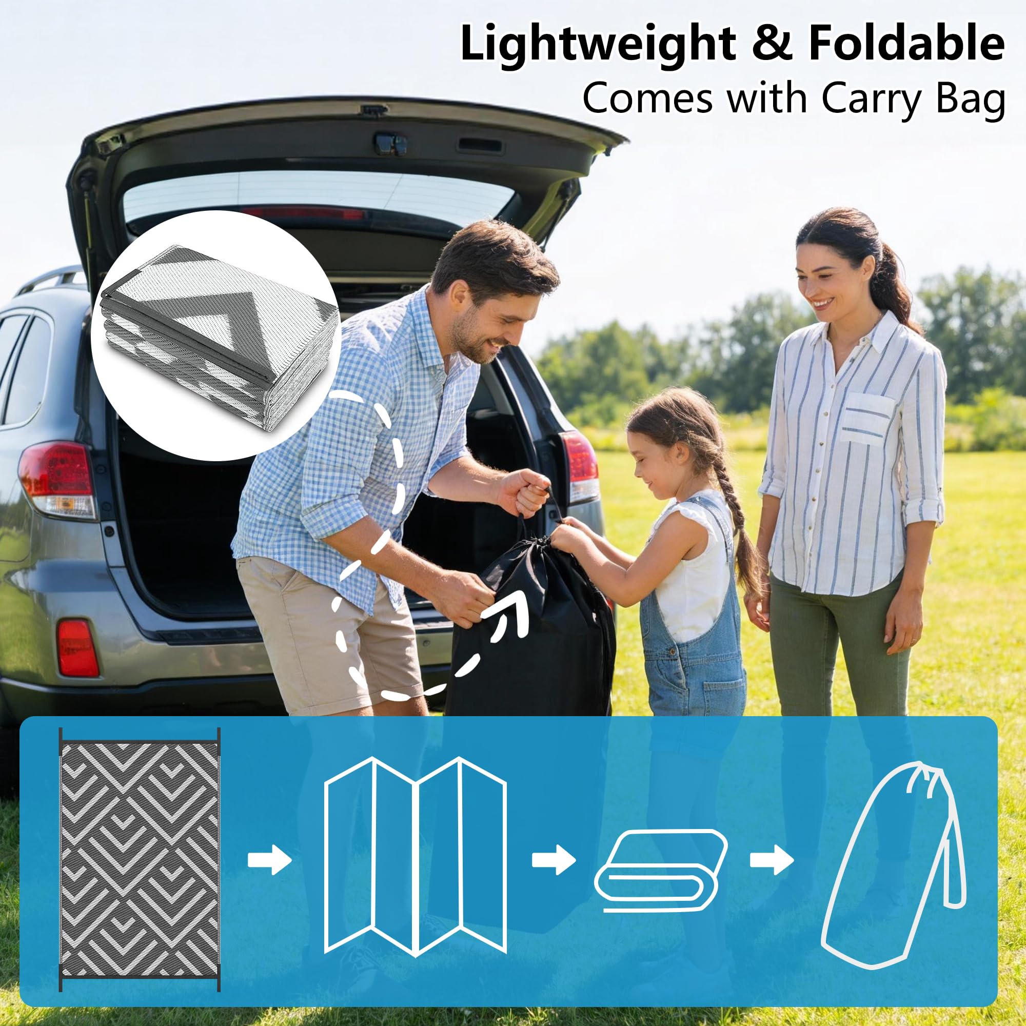 Kohree rug on camping site, light to carry and quick to clean.