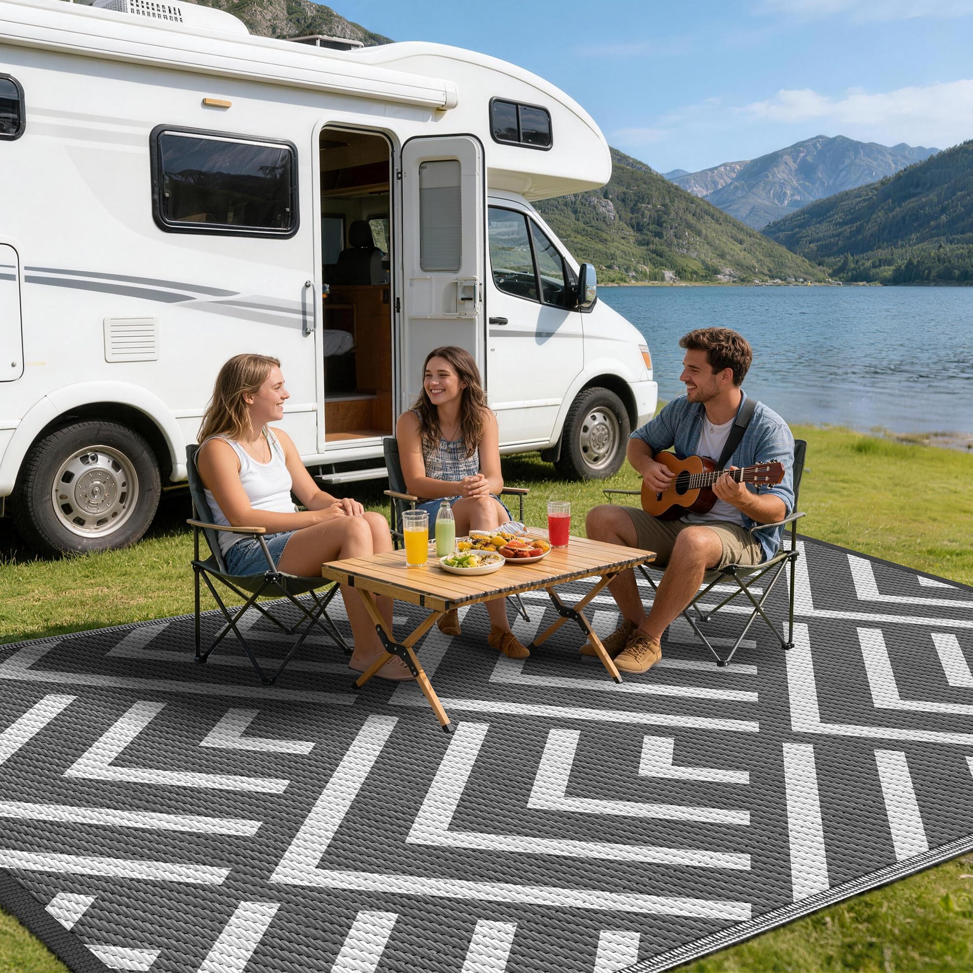 Kohree rug on patio with chairs, inviting relaxed outdoor living.