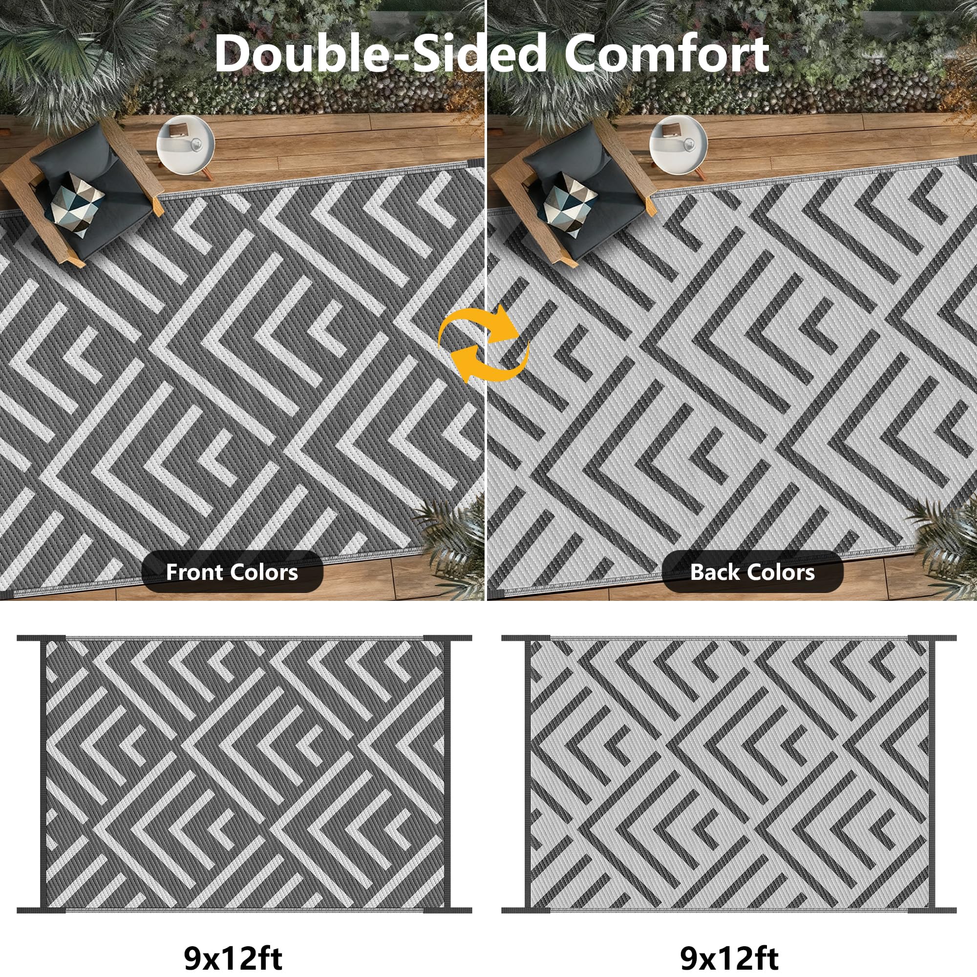 Kohree 9x12 reversible rug on balcony, easy-clean surface resists dirt and spills.