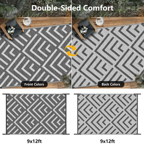 Kohree 9x12 reversible rug on balcony, easy-clean surface resists dirt and spills.