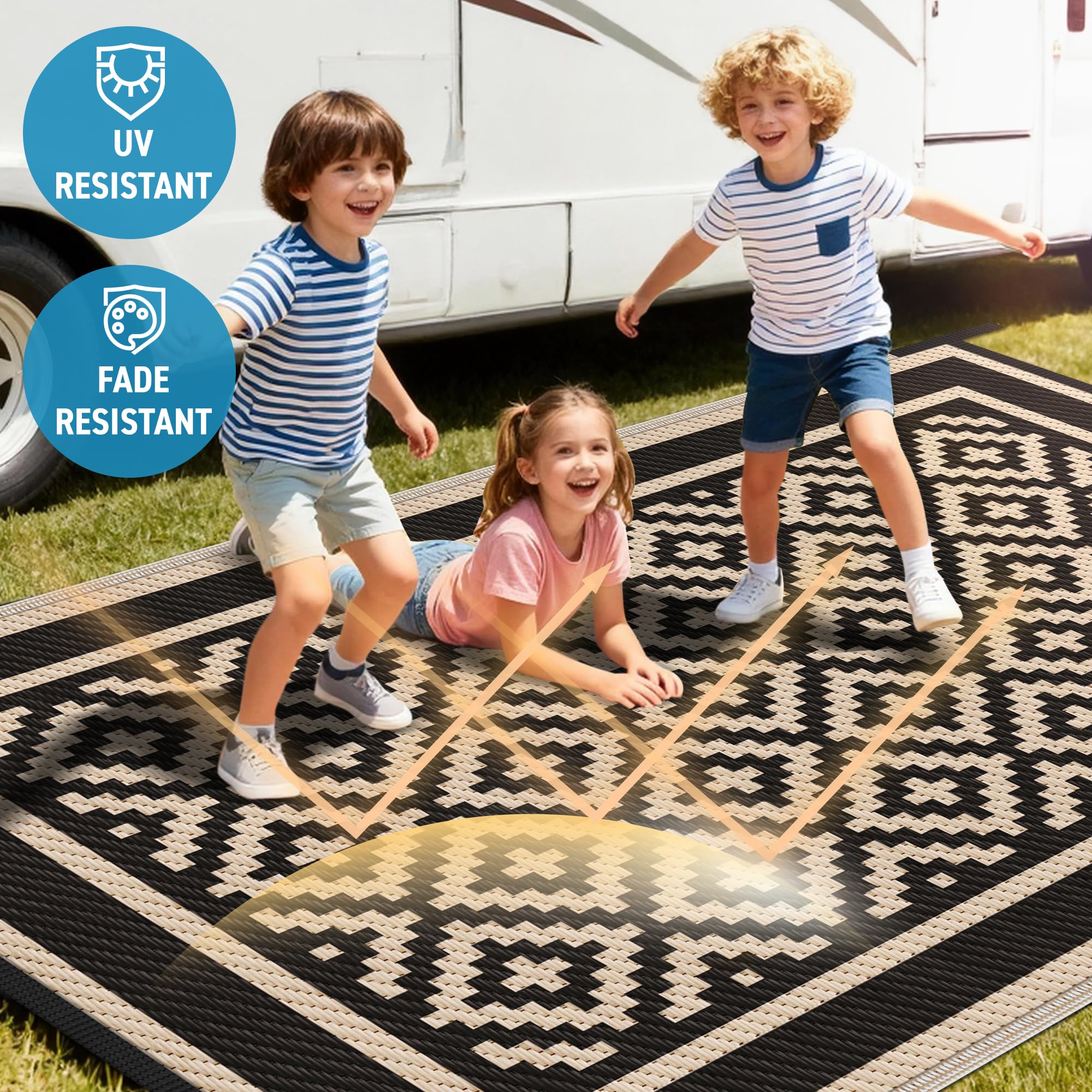 Kohree outdoor rug with heat-treated edging resists fraying