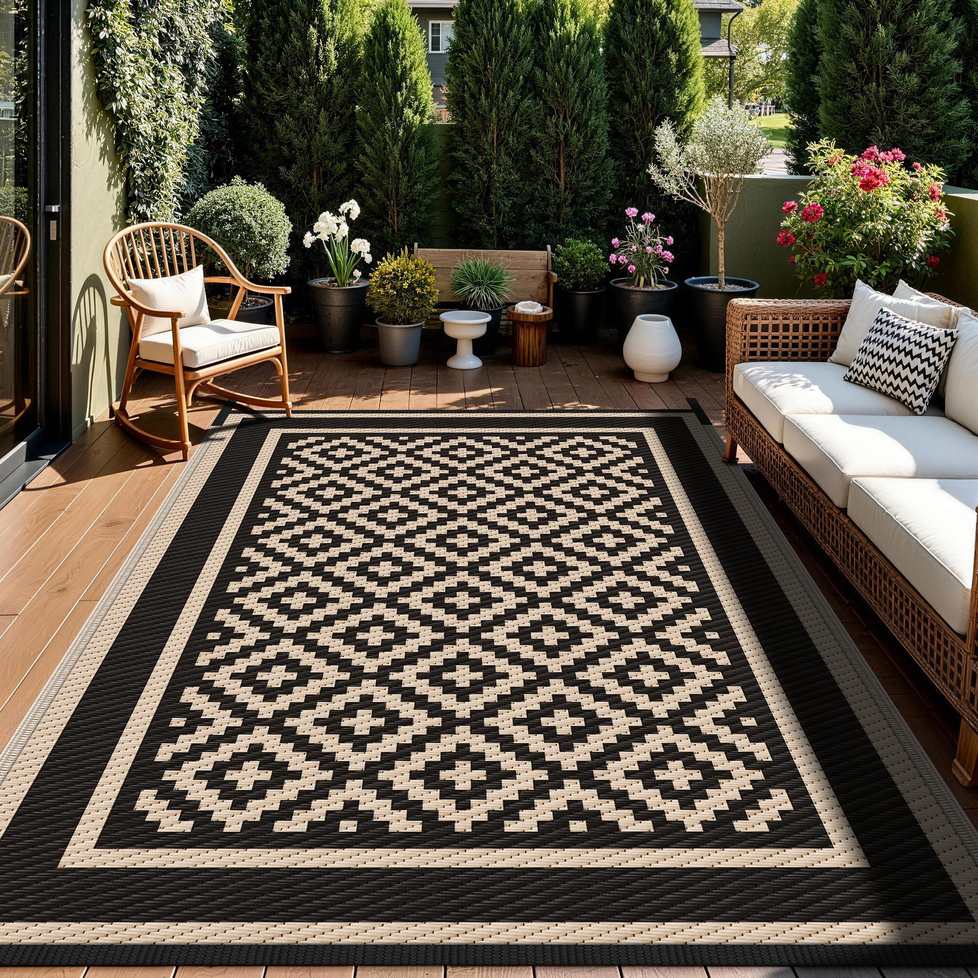 Kohree outdoor rug suited for patio, deck, backyard, or campsite