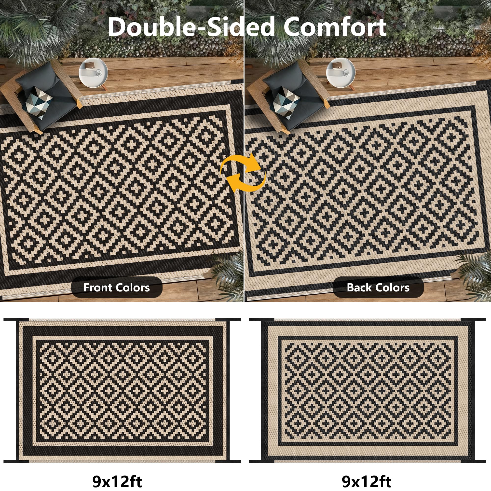 Kohree outdoor rug weatherproof with four stakes securing windy outdoor spaces