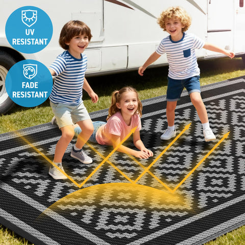 Kohree RV Outdoor Rug with four stakes stabilizes rug in windy spaces