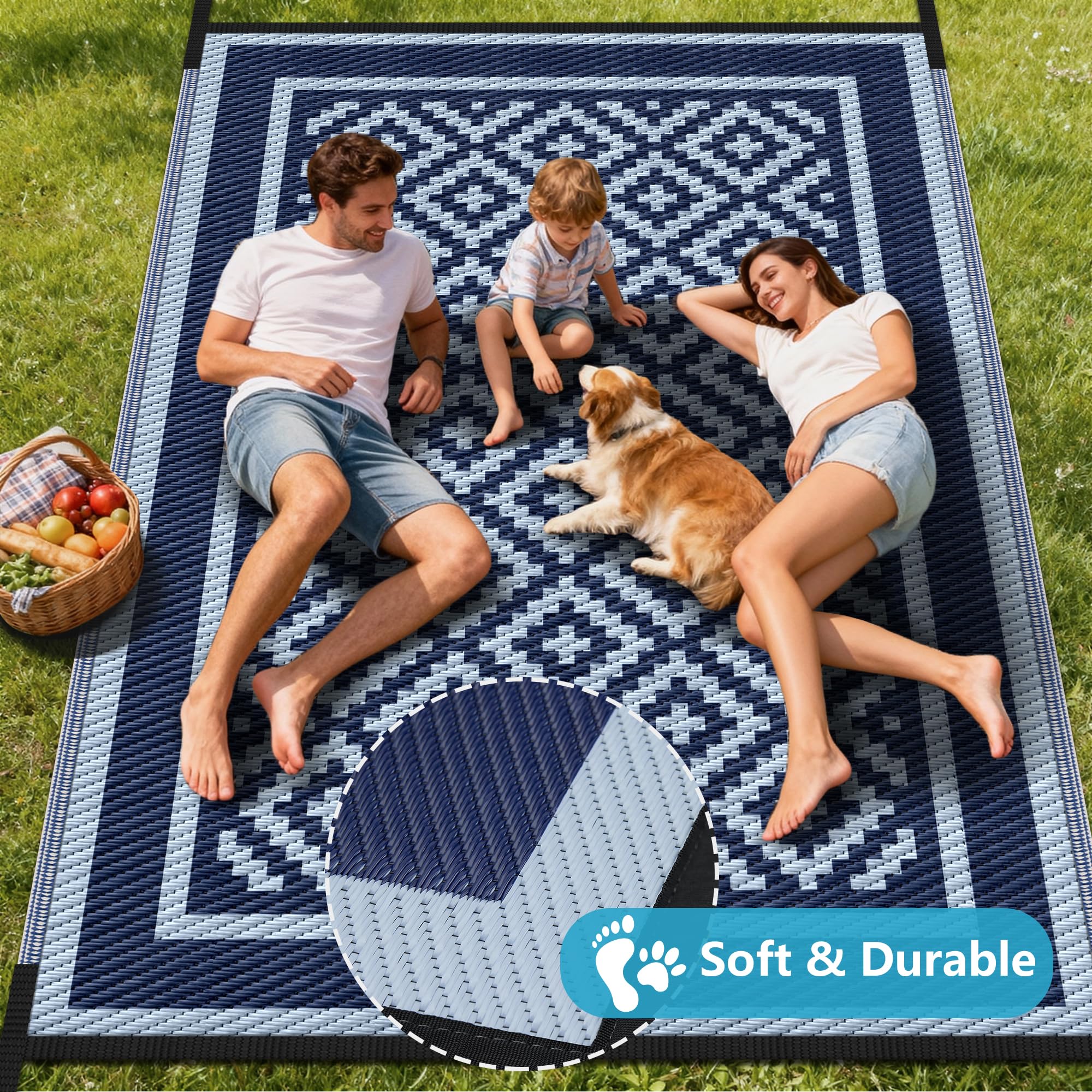 Kohree blue outdoor rug is lightweight and easy to clean, folds for travel.