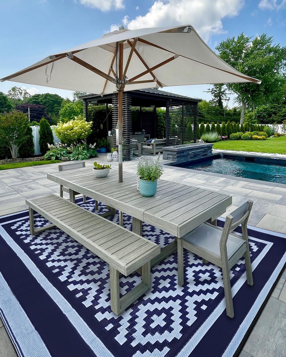 Kohree weatherproof blue rug guards color and performance under sun and rain.