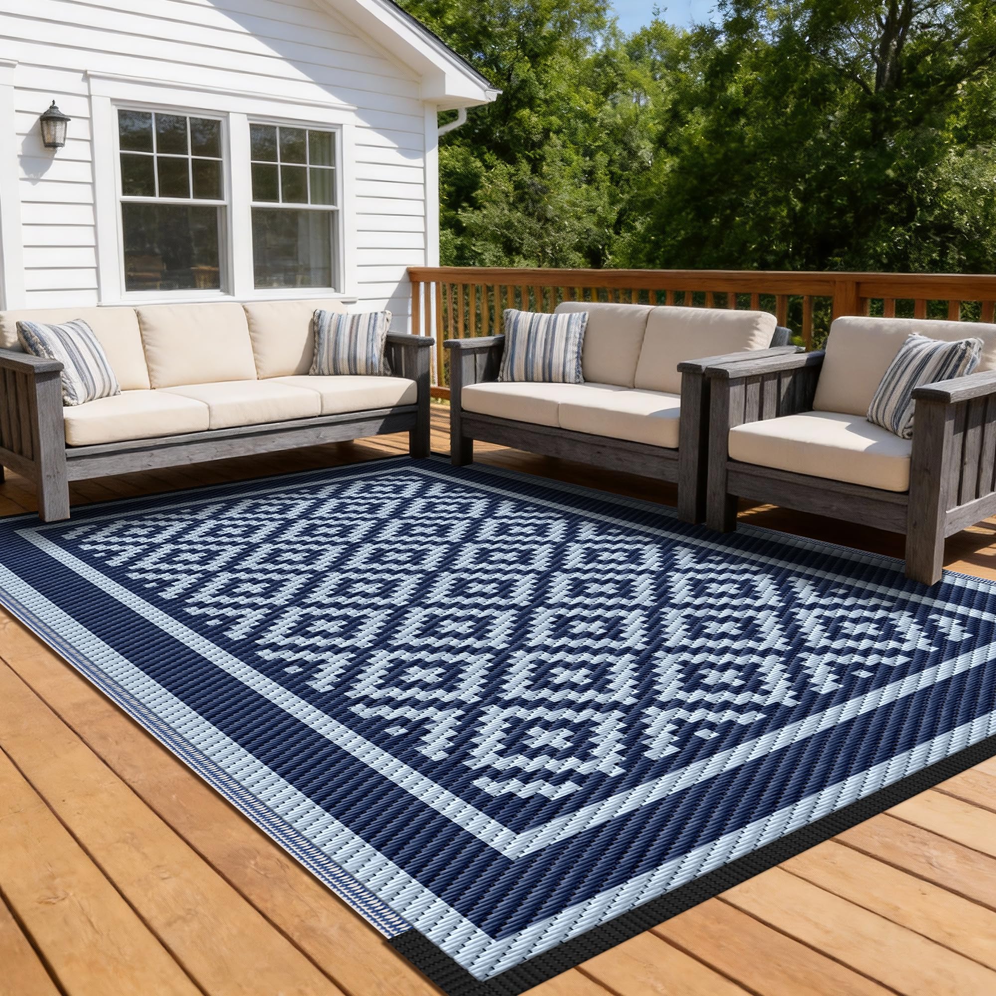 Kohree RV outdoor rug 9x12 blue with secure stakes for windy decks.