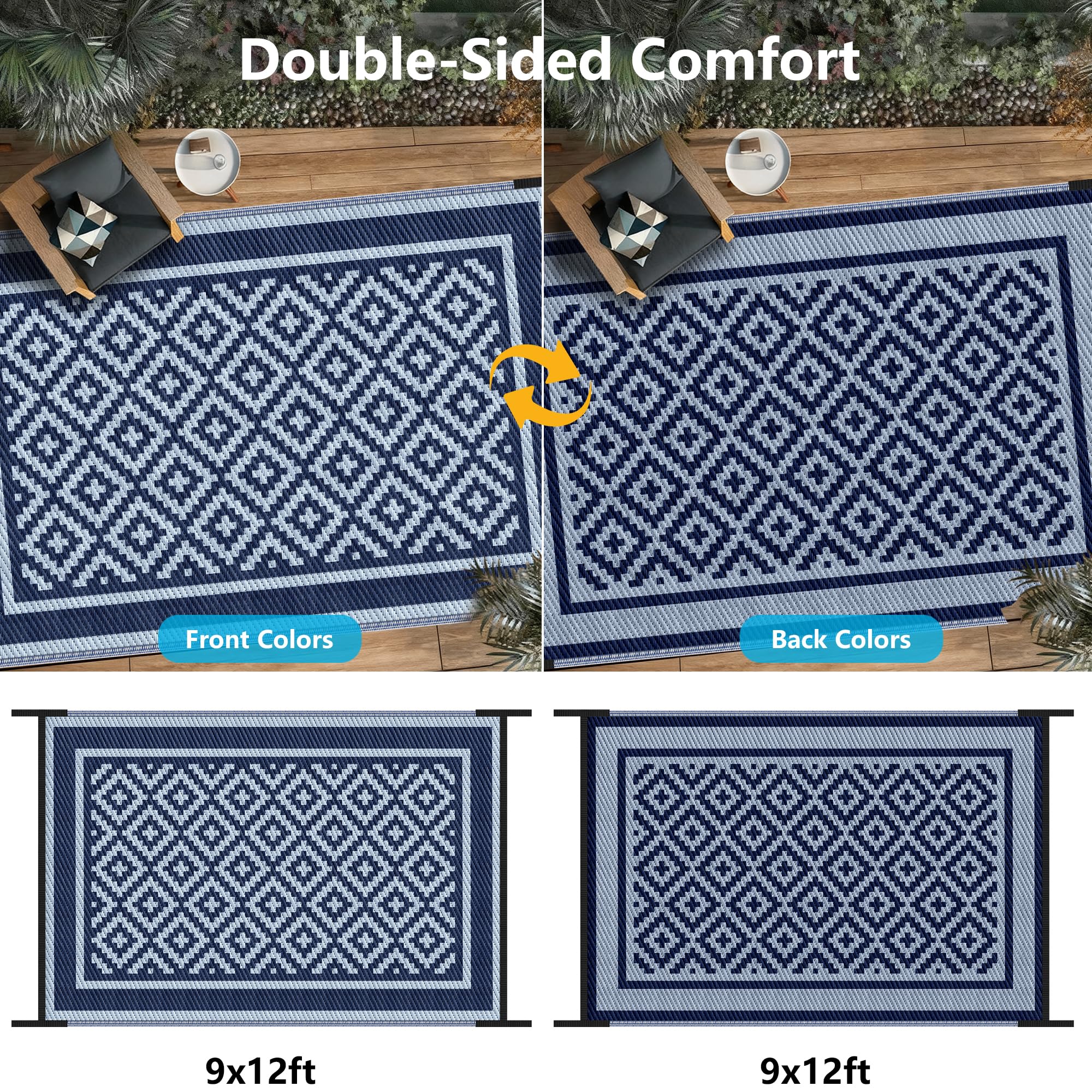 Kohree blue rug features a reversible design, doubling style options for patios.
