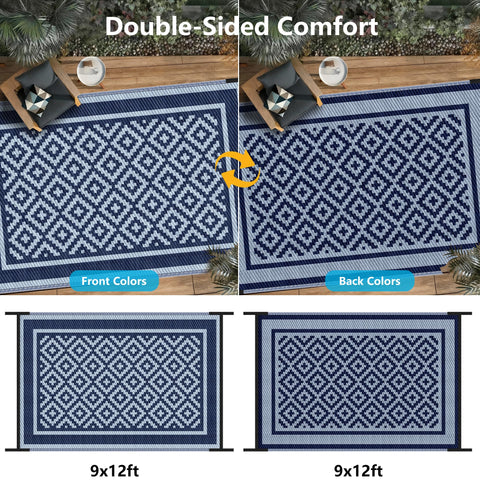Kohree blue rug features a reversible design, doubling style options for patios.