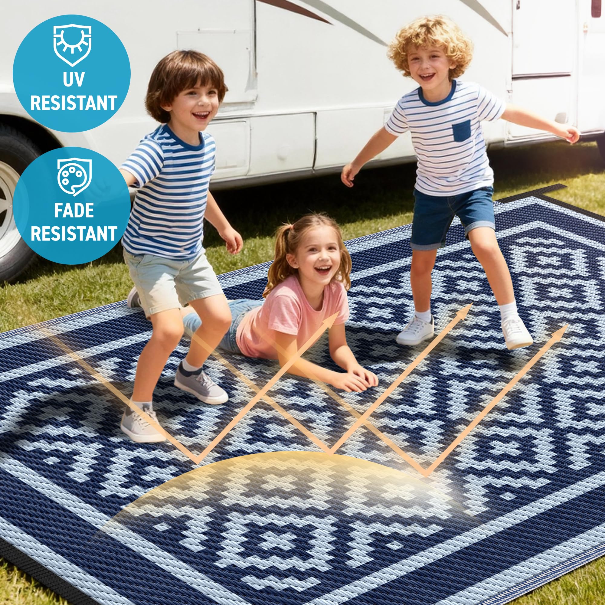 Kohree blue outdoor rug with weatherproof, fade-resistant surface for patios and campsites.