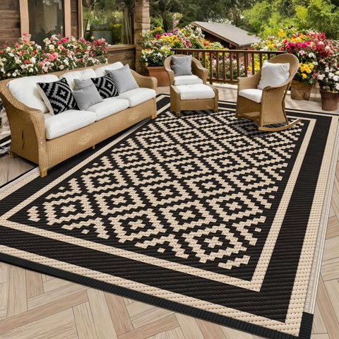 Kohree RV Outdoor Rug 9x12, reversible layout on deck for versatile outdoor styling