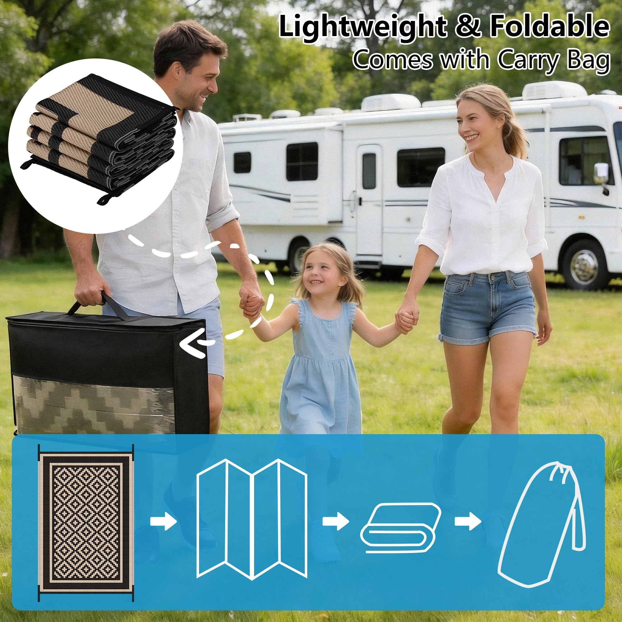 Kohree rug folds compactly and includes a carrying bag