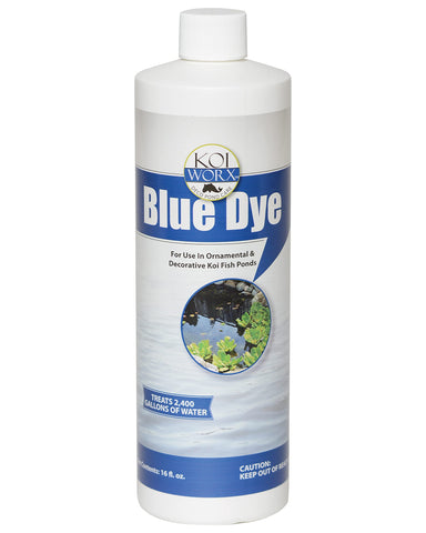 Koi Worx Blue Dye bottle pour demonstrates easy pond tint with even distribution.