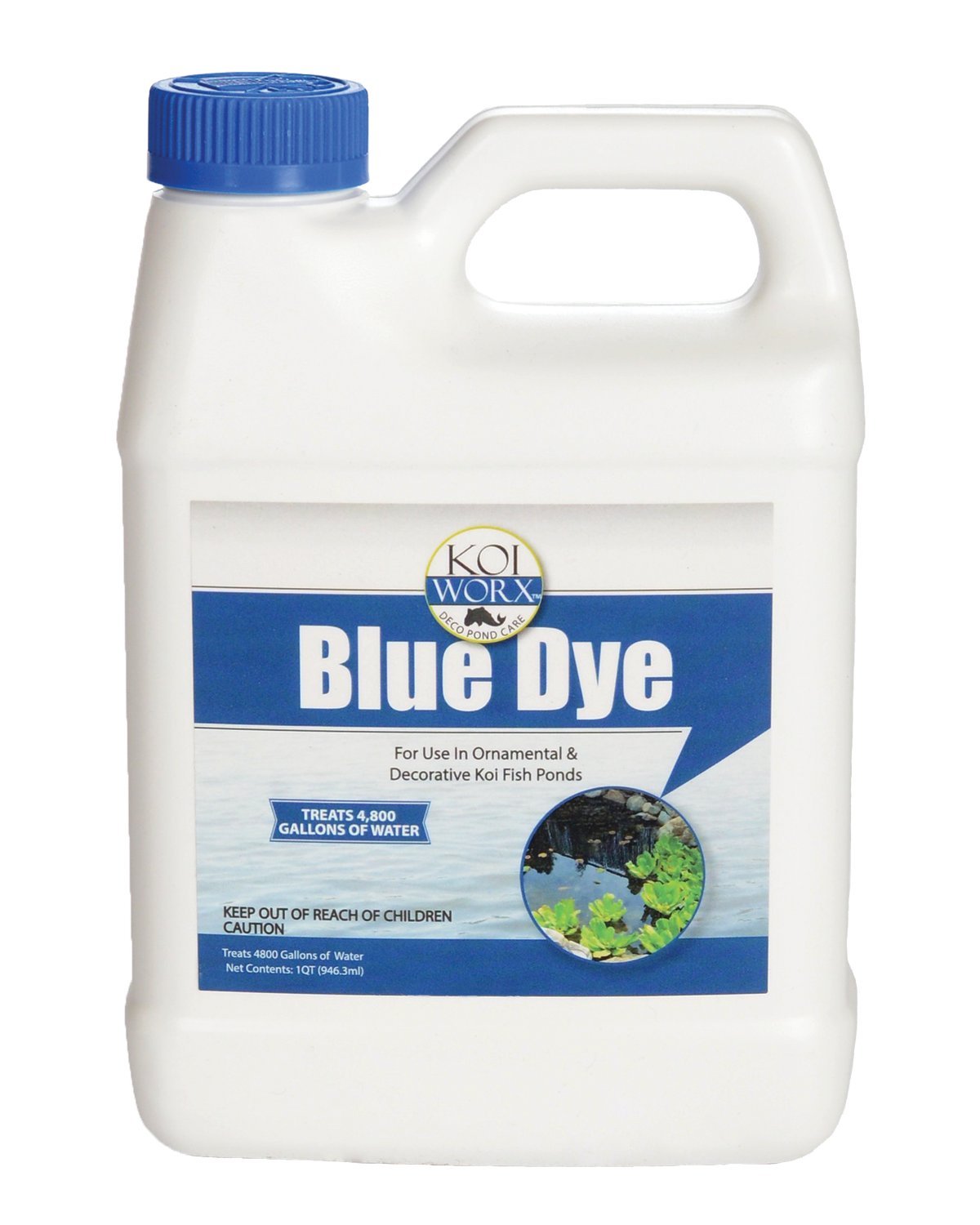 Koi Worx blue dye bottle with branding for decorative pond tinting.