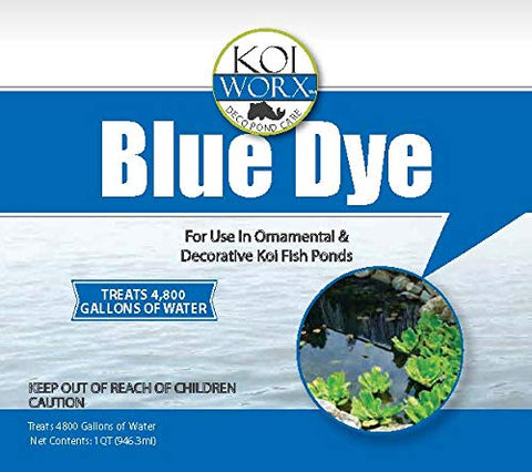 Koi Worx blue dye swirling in pond water close-up.