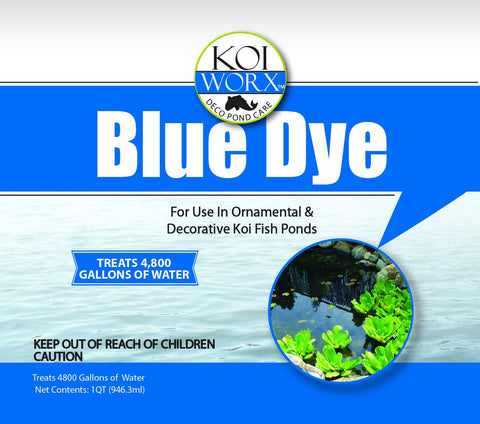 Koi Worx Blue Dye label notes coverage up to 2,400 gallons per bottle.