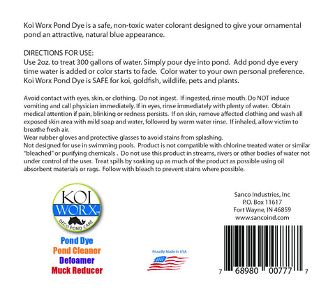 Koi Worx Blue Dye creates calm, blue-tinged pond water for viewing.