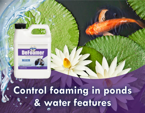 Koi Worx Defoamer being poured over foamy pond water to curb foam.