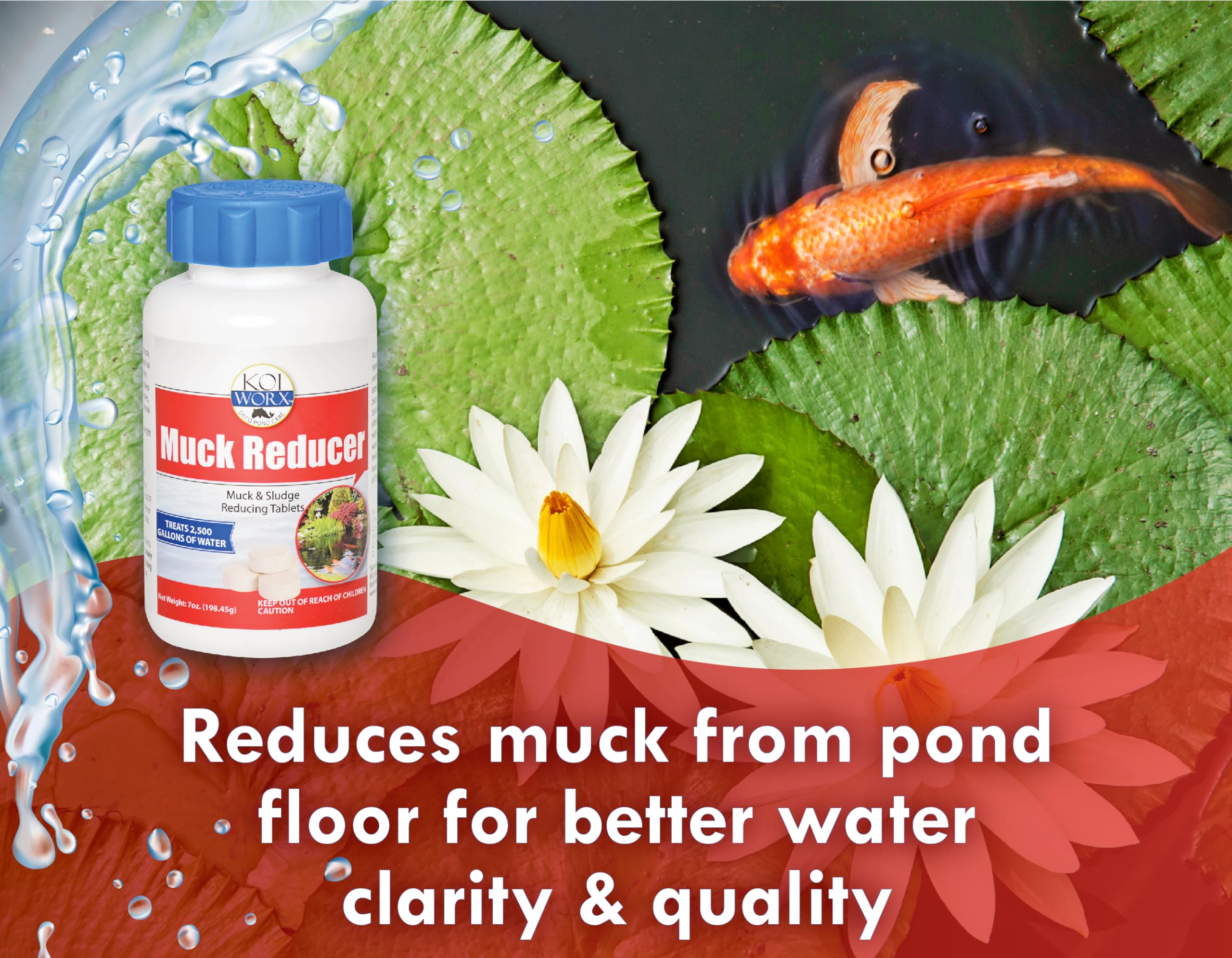 Koi Worx Muck Reducer tablets in pond water promoting sediment breakdown.