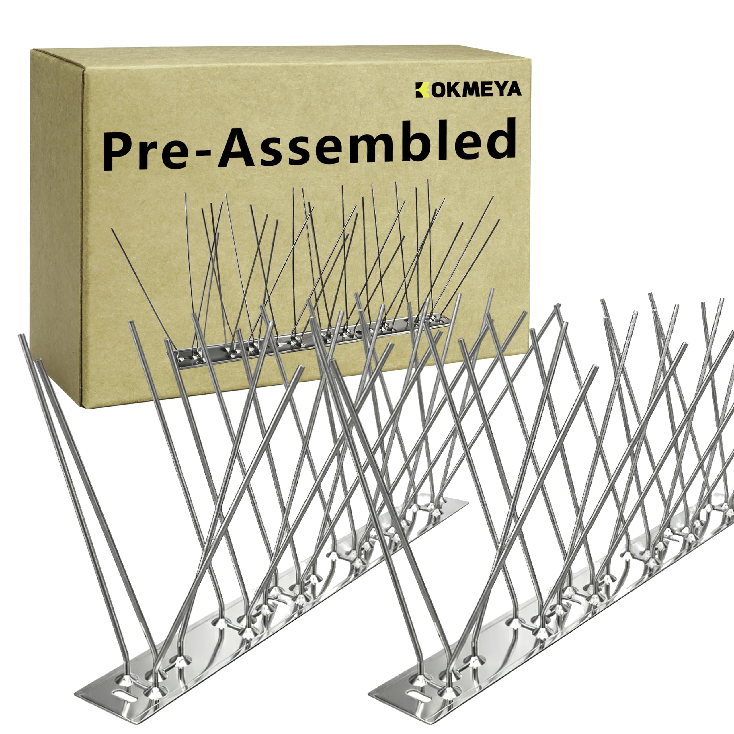 KOKMEYA Bird Spikes 12-pack assembly close-up showing pre-assembled design for easy setup.