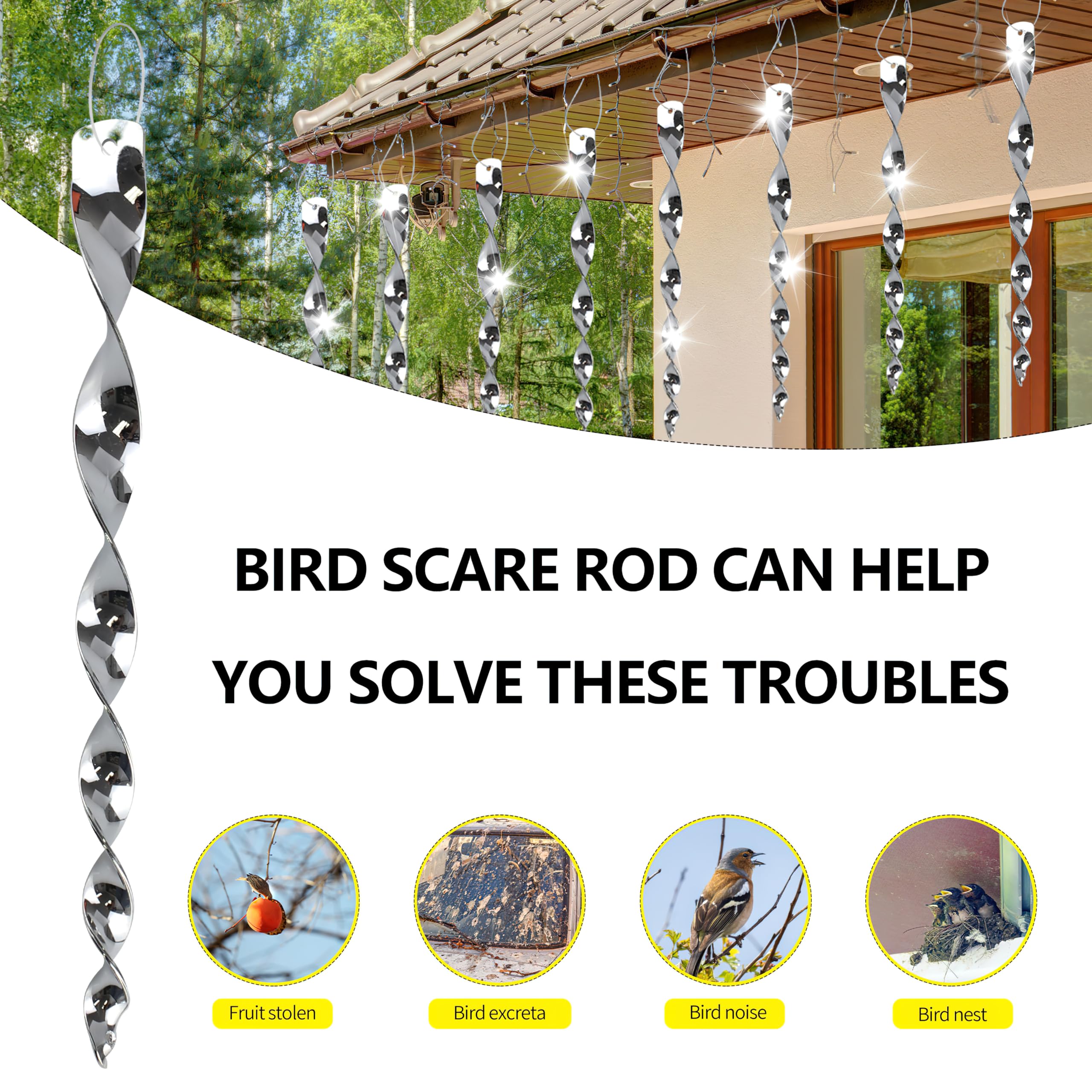 KOKMEYA Bird Scare Rods reflect sunlight to deter birds.