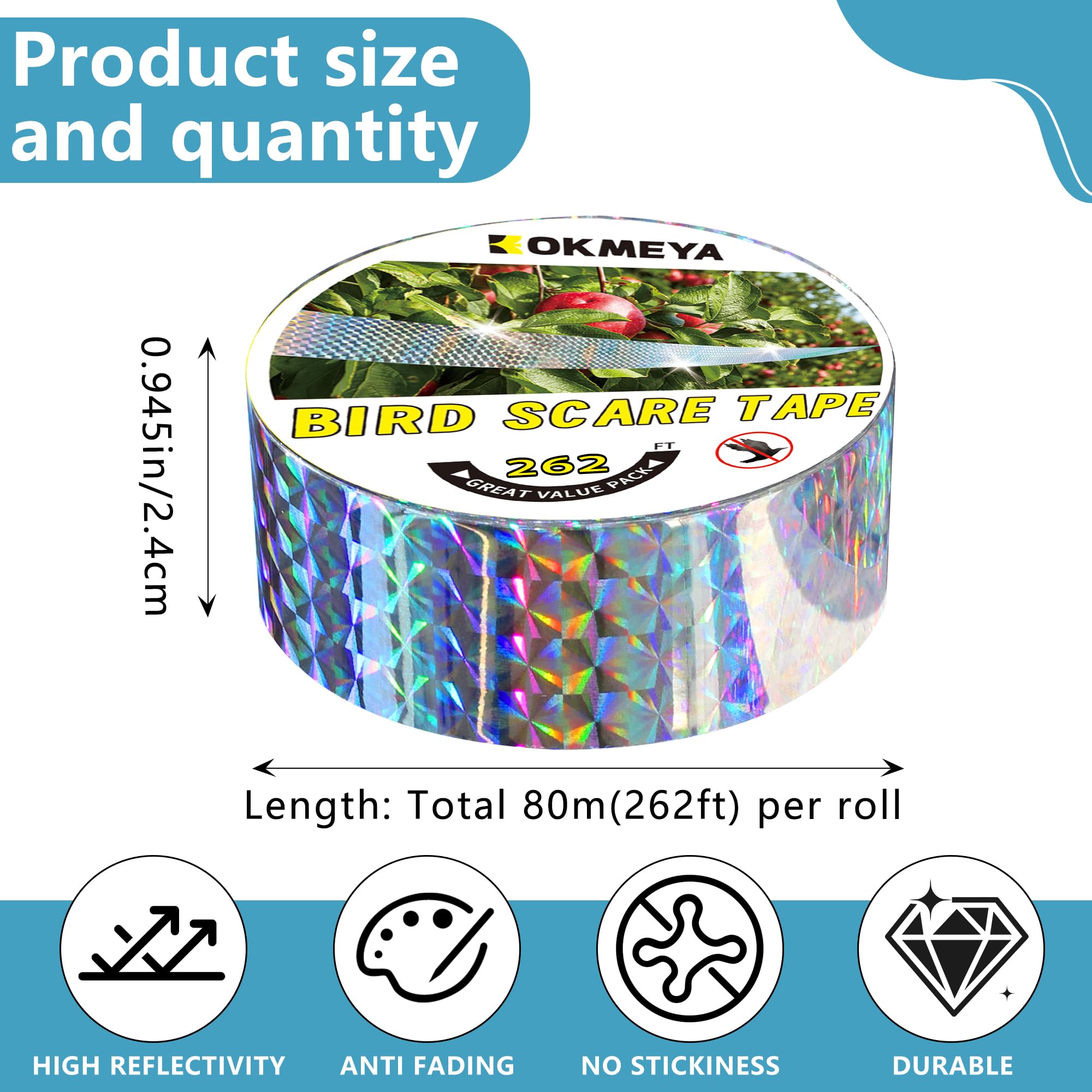 KOKMEYA Bird Scare Tape, 295 ft roll provides long-lasting outdoor protection.