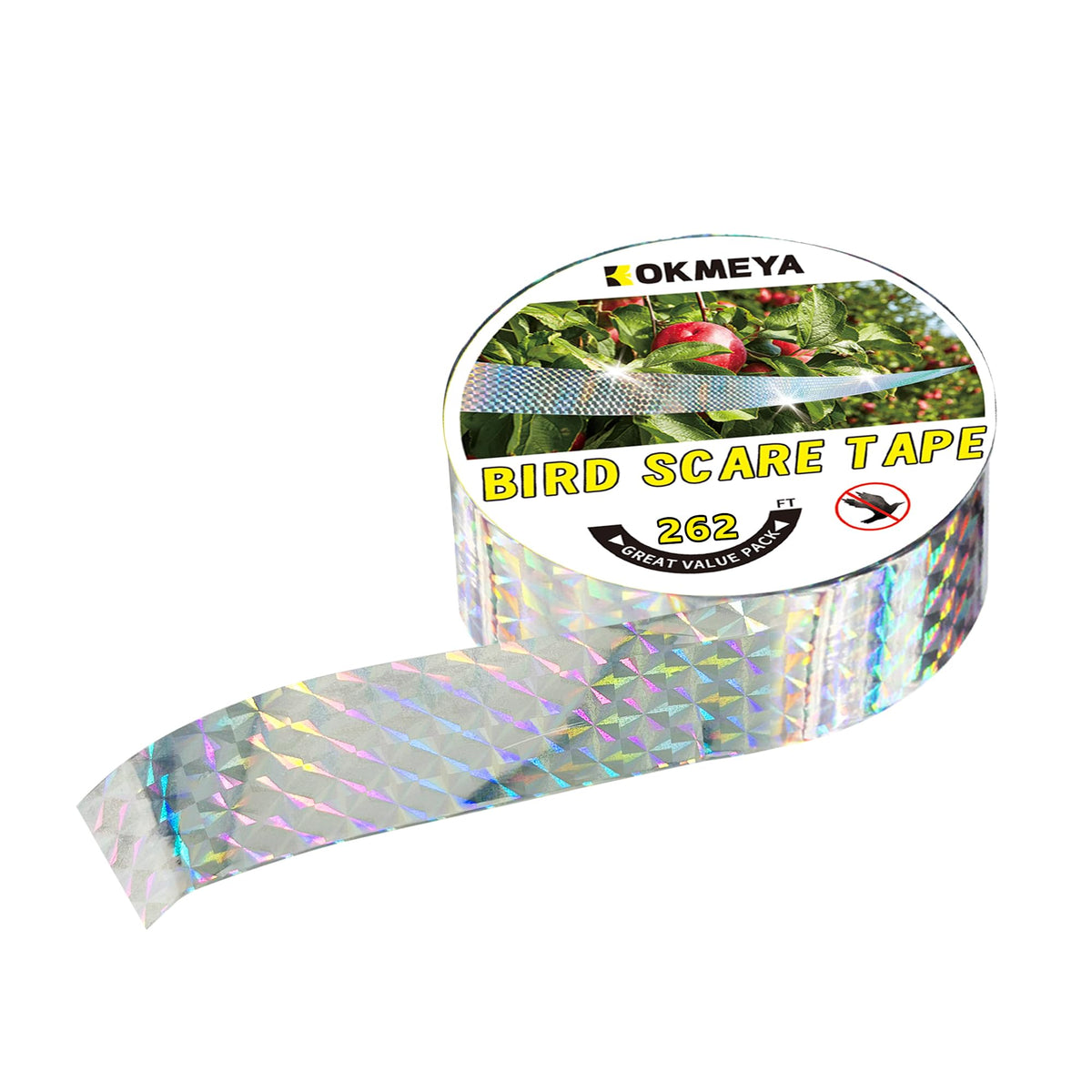 KOKMEYA Bird Scare Tape with double-sided reflective surface deterring birds in outdoor spaces.