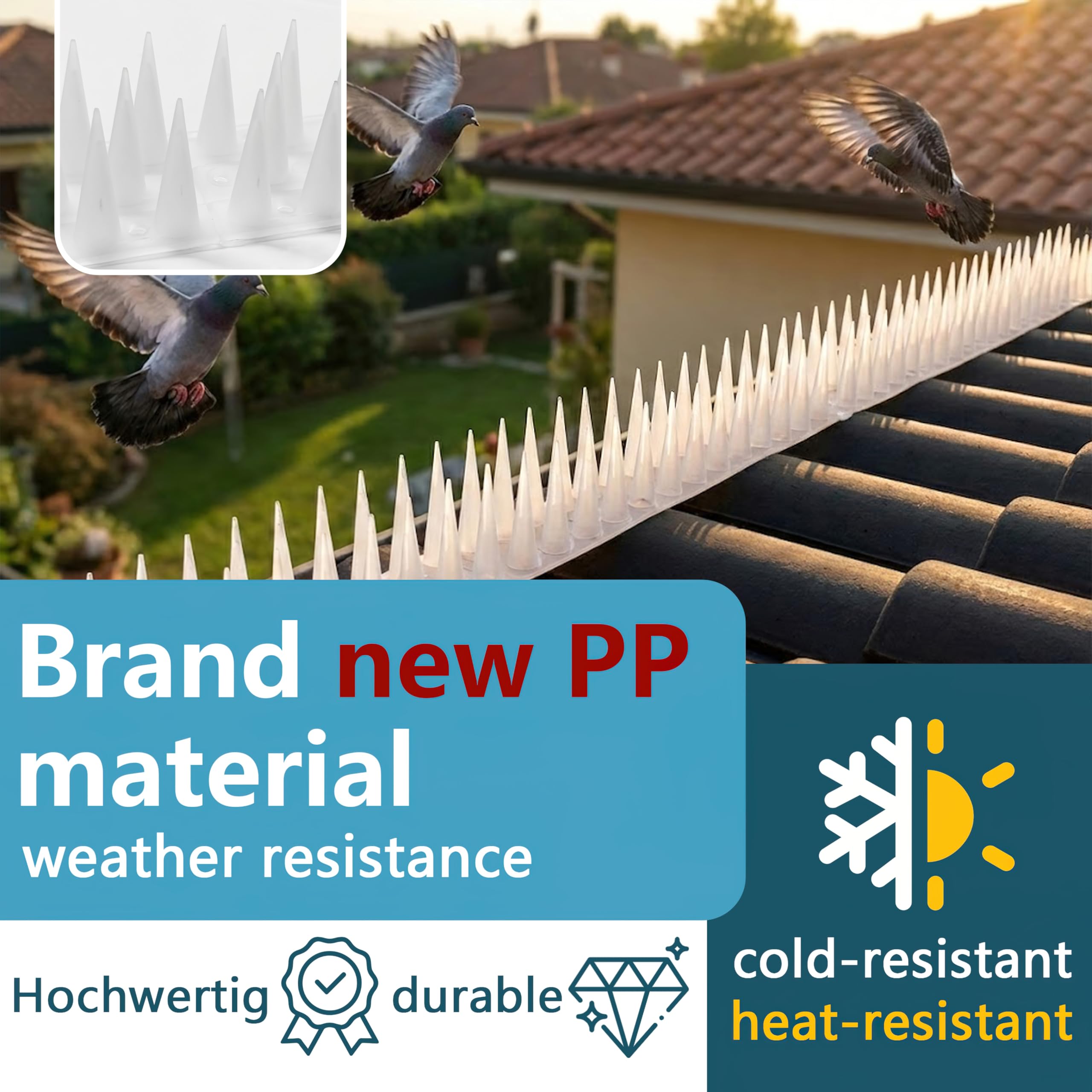 KOKMEYA Bird Spikes mounted on eaves protect your home from unwelcome perches.