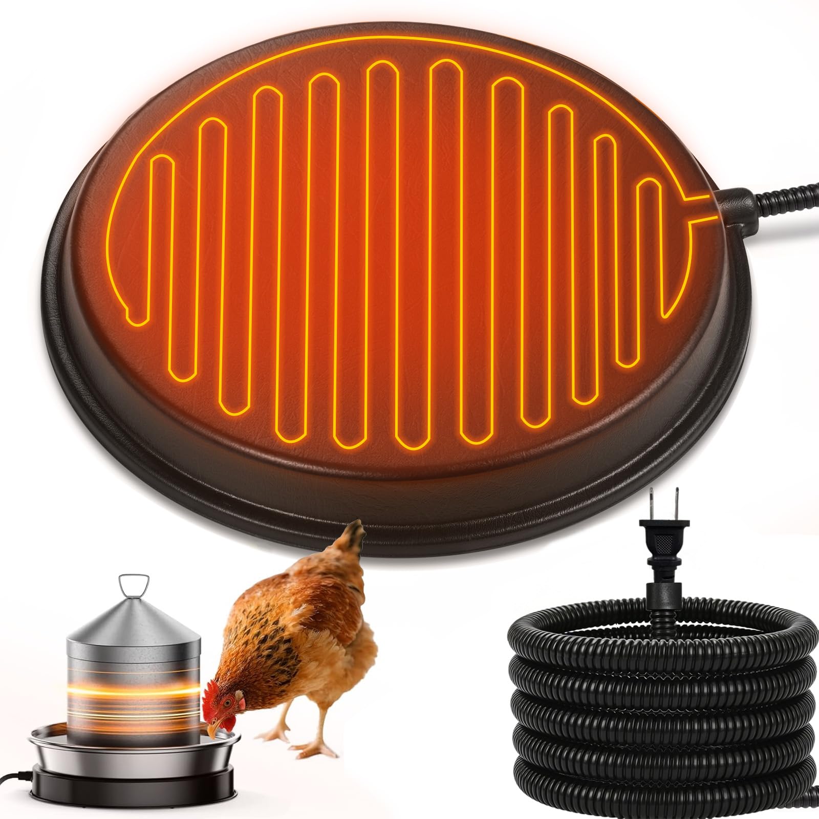 Kokopro poultry water heater base mounted under a 14-inch waterer for winter hydration.