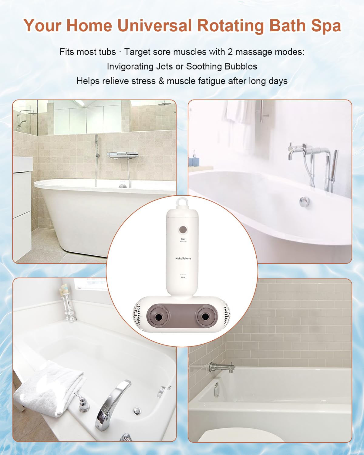 KokoSelene Bath Jets bubble fusion mode delivering gentle micro-bubbles