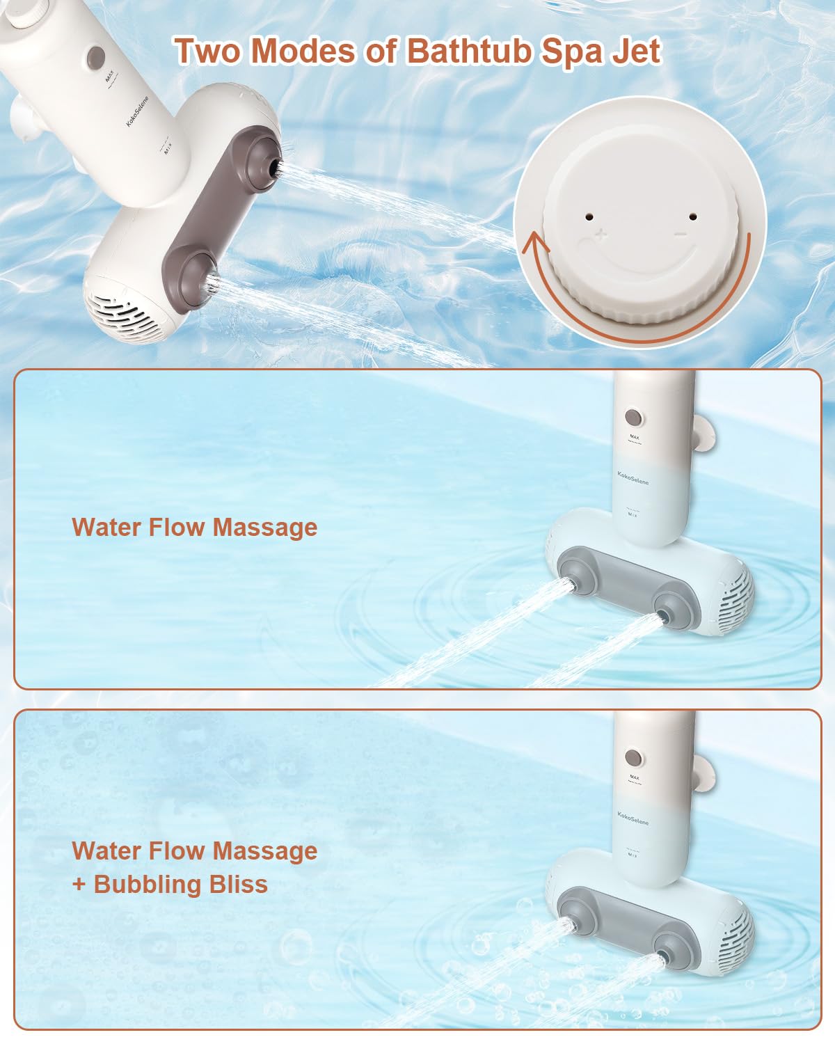 KokoSelene Bath Jets GripLock stability with suction cups in use