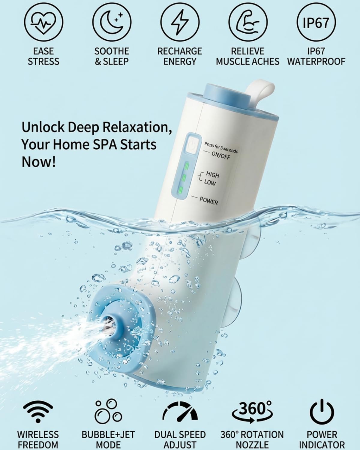 KokoSelene portable jet spa in action delivering targeted neck and back relief.