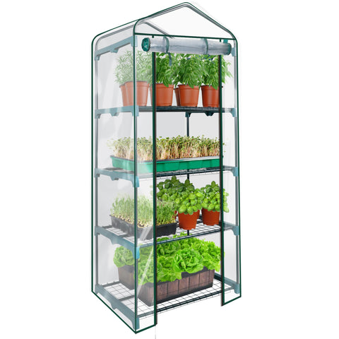 KOL 4-Tier Mini Greenhouse with PVC cover protects seedlings indoors for early starts.