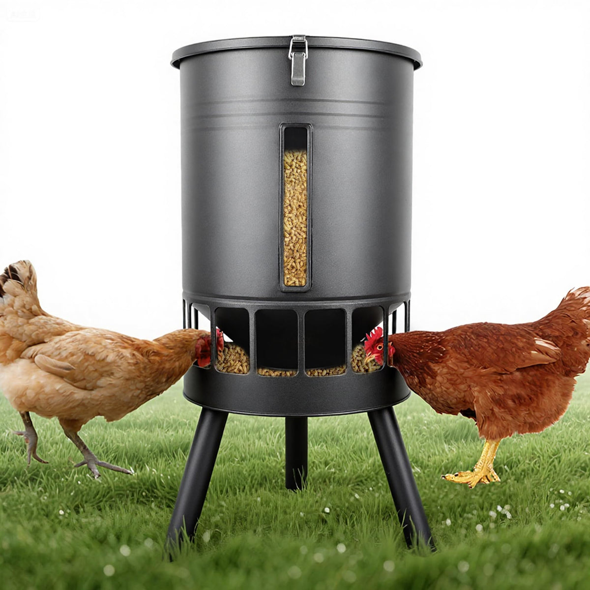 KOL 50lb metal chicken feeder with oversized roof for weather protection
