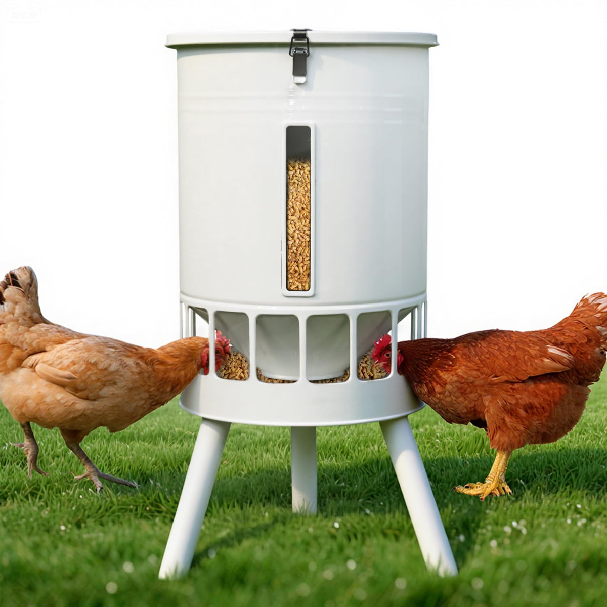 KOL 50LB metal chicken feeder front view with locking clasps protecting feed