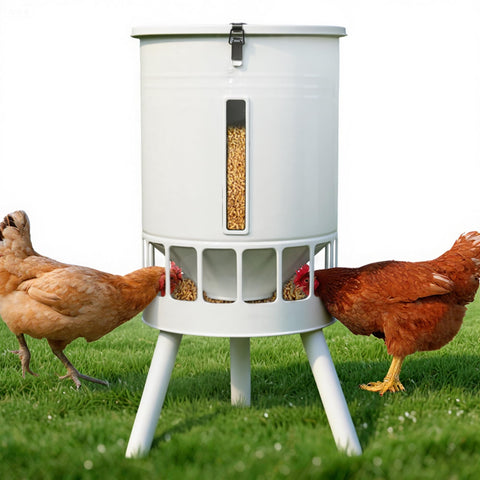KOL 50LB metal chicken feeder front view with locking clasps protecting feed