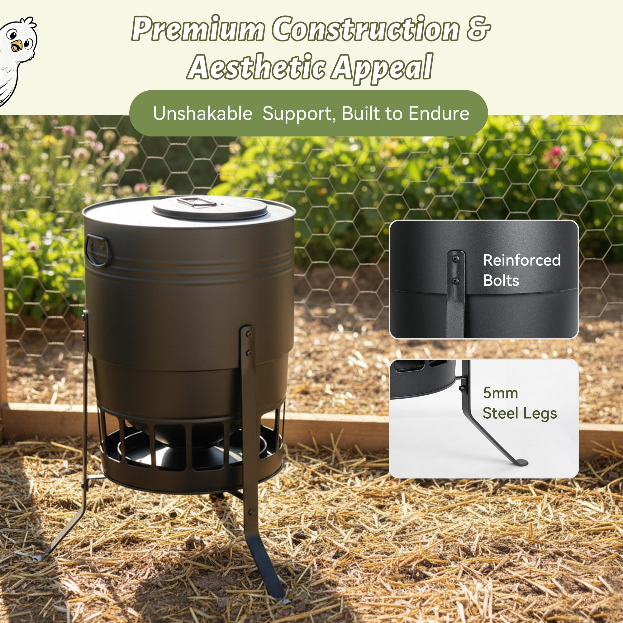 KOL spill-control lid keeps feed cleaner and dry during rain and muddy days.