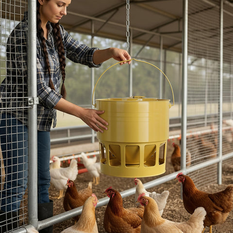 KOL elevated hanging design keeps feed off ground for cleaner coops.