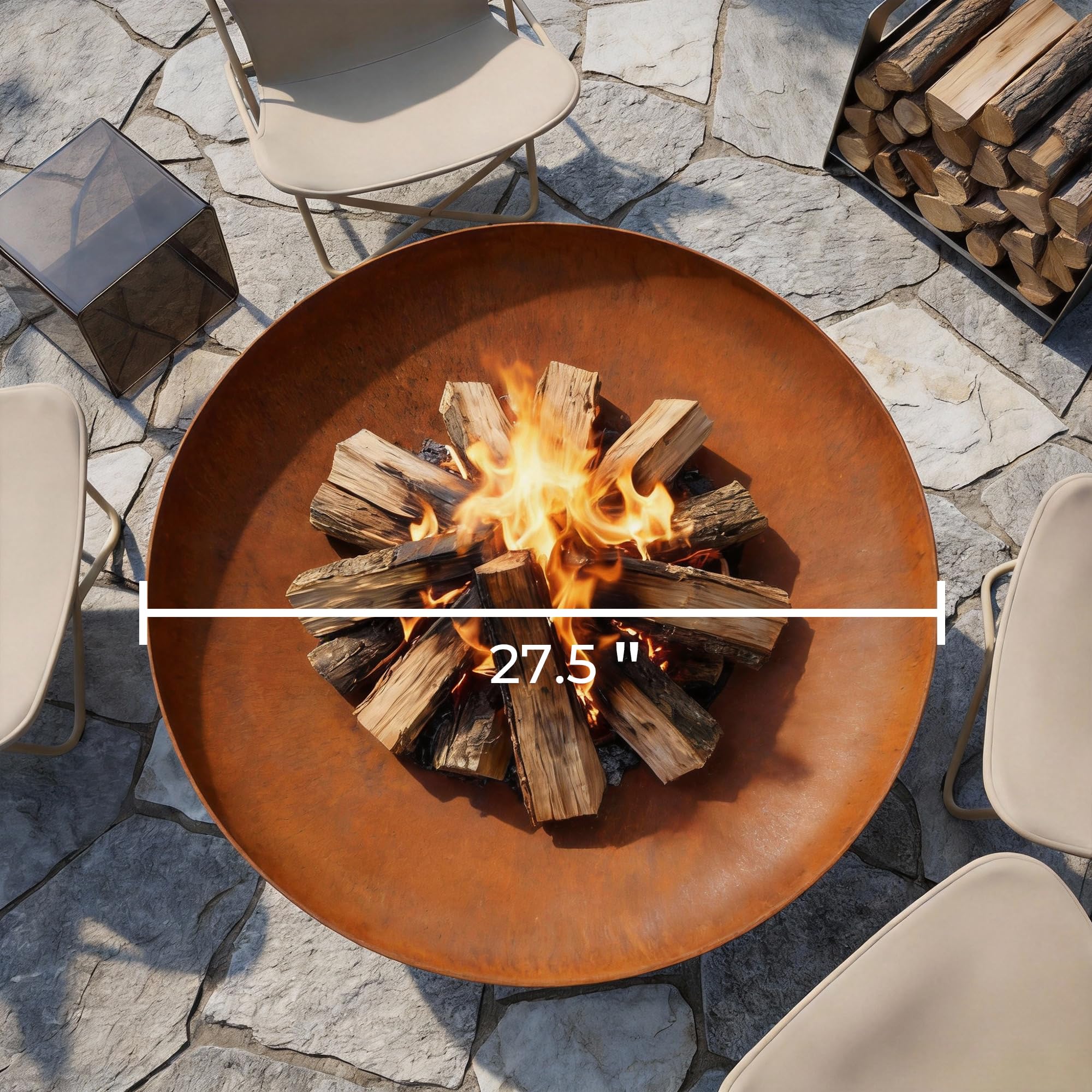 KOL Fire Pit free-standing design allows flexible placement around yard.