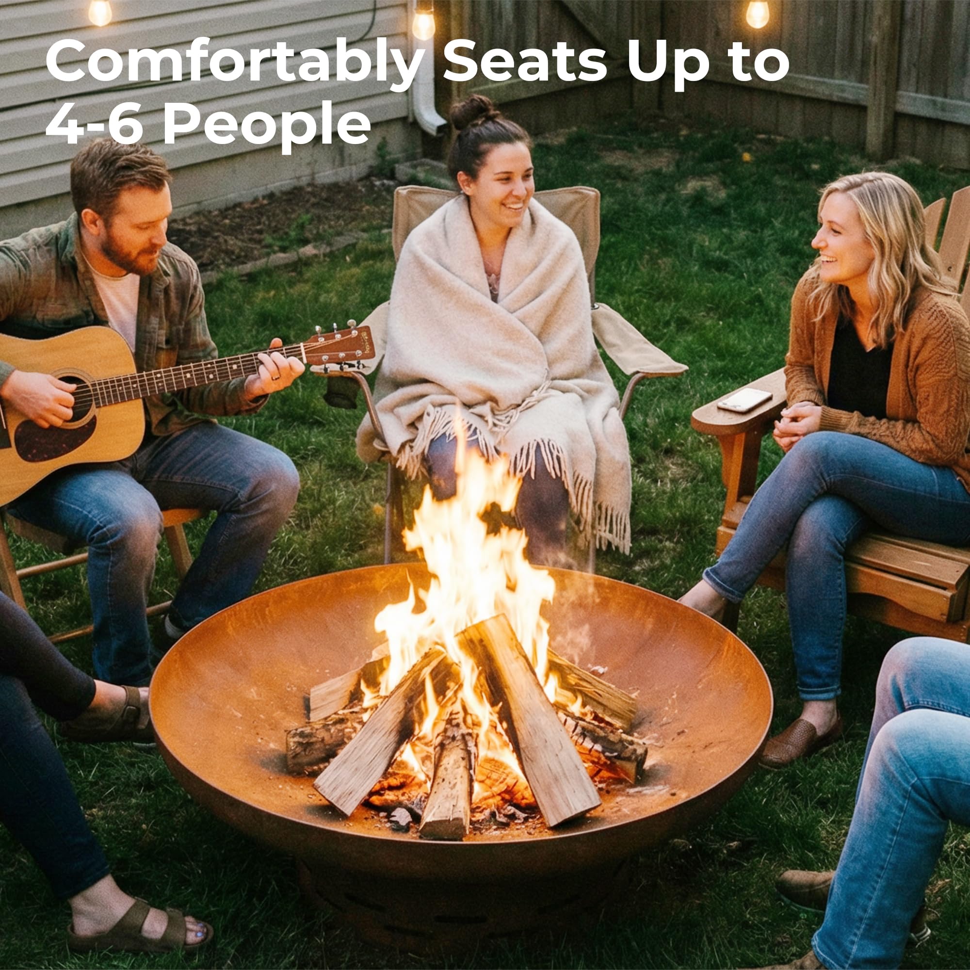 KOL Fire Pit open bowl design improves airflow for bright, efficient wood burning.
