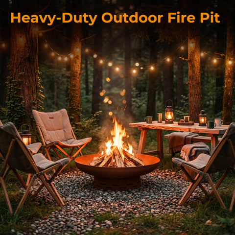 KOL Fire Pit rust color finish complements rustic patios and backyard decor.