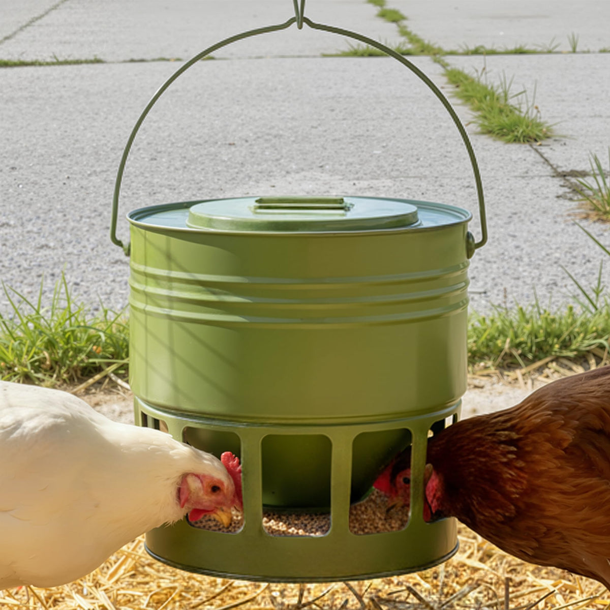 KOL hanging chicken feeder in green, full view, showing 20-lb capacity for busy flocks.