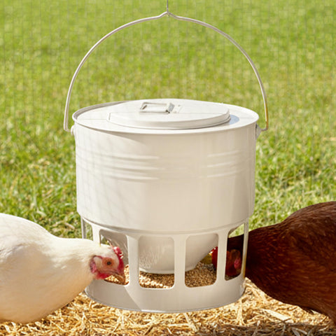 KOL hanging chicken feeder Jade White showing 20lb capacity for spill-free feeding