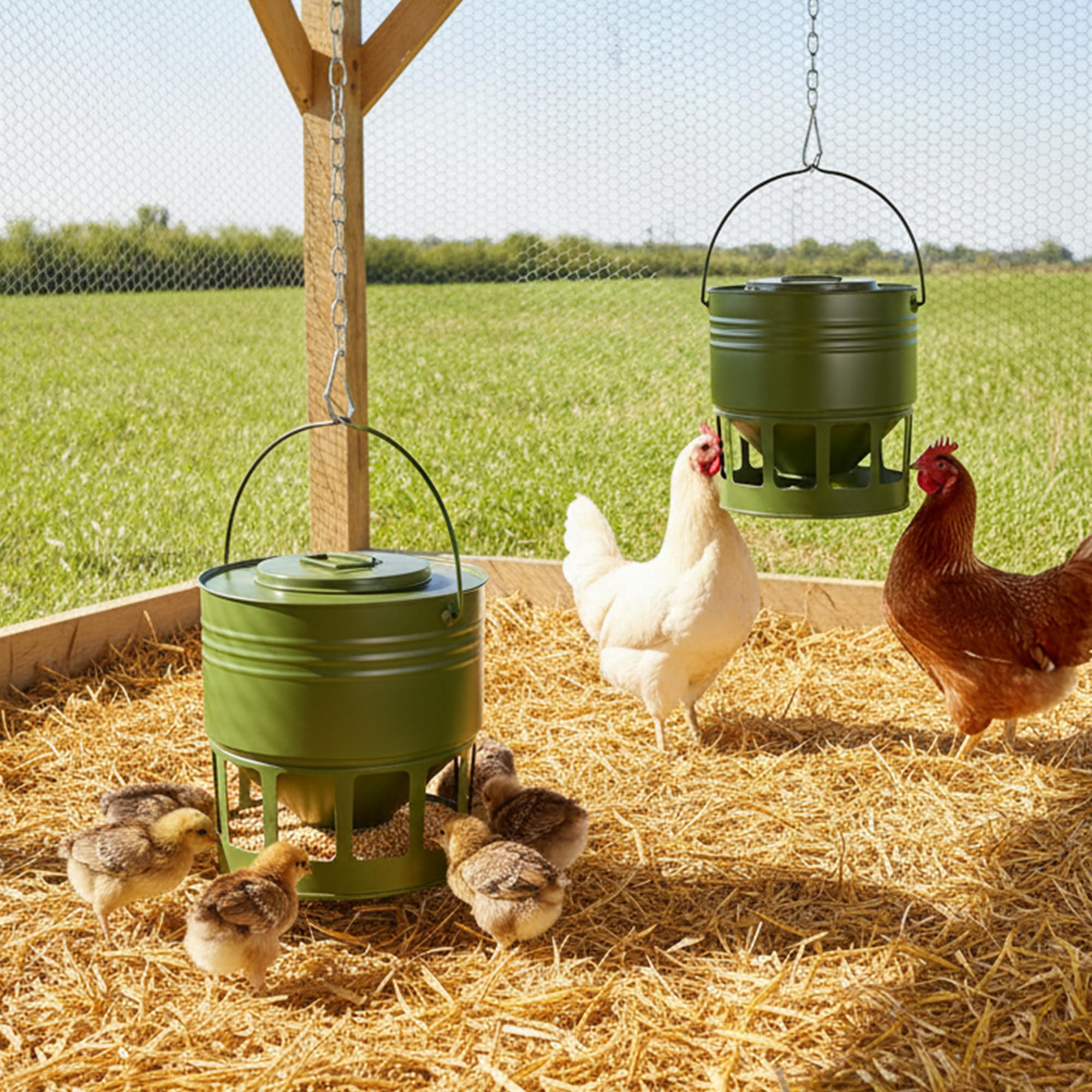 Elevated hanging position keeps feed clean and away from ground debris.